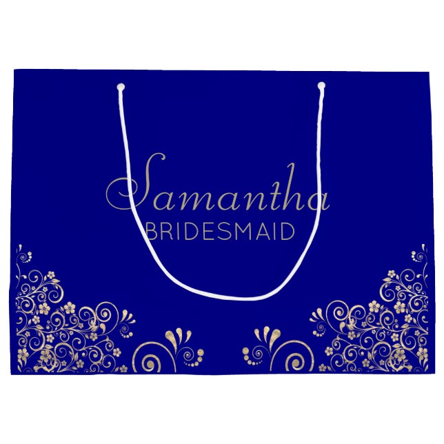 Elegant Blue Gold Personalized Bridesmaid  Large G Gift Bag (Back)
