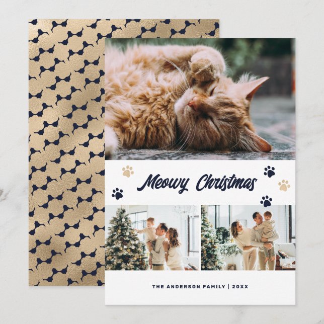Elegant Blue Gold Photo Meowy Christmas Card (Front/Back)