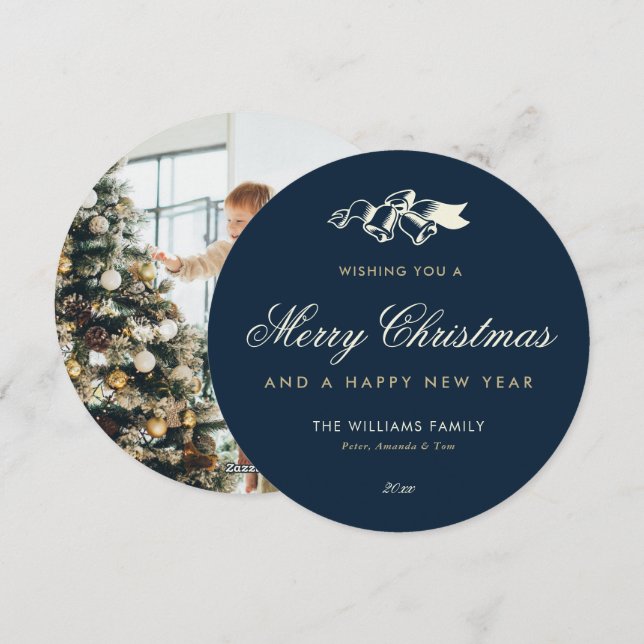 Elegant Blue Gold Photo Merry Christmas Holiday Card (Front/Back)