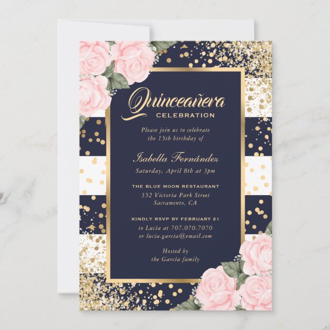 Elegant Blue Gold Pink Floral Quinceañera Invitation (Front)