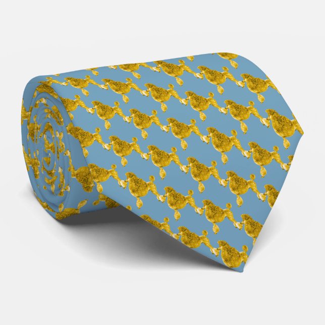 Elegant Blue & Gold Poodle Dog Pattern  Tie (Rolled)
