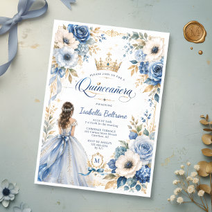 Elegant Blue Gold Princess Floral Quinceañera Invitation