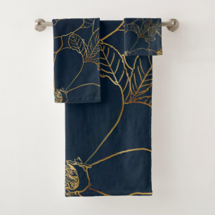Elegant Blue Gold Roses Floral Bath Towel Set