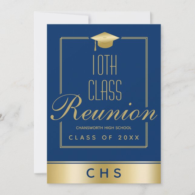 Elegant Blue Gold Script 10th Class Reunion Invitation (Front)