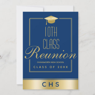 Elegant Blue Gold Script 10th Class Reunion Invitation