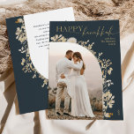 Elegant Blue Gold Script Happy Hanukkah  Holiday Card<br><div class="desc">This design features a floral arch design with a delicate white floral glitter gold frame that outlines a single vertical photo. To make advance changes,  select Personalize -> Edit using Design tool option to further edit/add text boxes,  colour and font.</div>