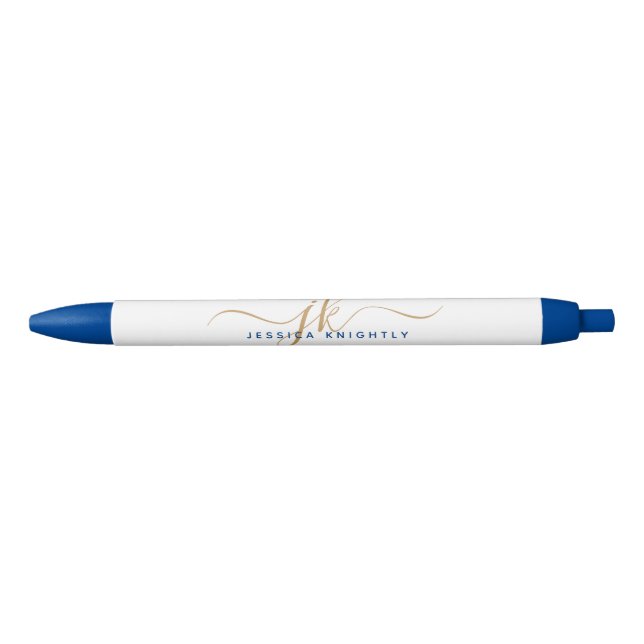Elegant Blue Gold Script Monogram Initials Name Black Ink Pen (Front)
