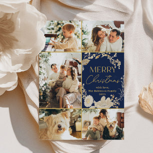 Elegant Blue Gold Script Multi Photo Christmas Holiday Card
