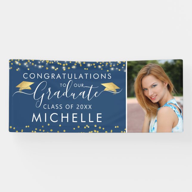 Elegant Blue Gold Script Photo Graduation Banner (Horizontal)