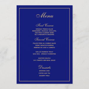 Elegant Blue Gold Script Wedding Menu