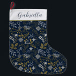 Elegant Blue Gold Silver Botanical Pattern Large Christmas Stocking<br><div class="desc">A stylish elegant Christmas stocking. This dark blue stocking features a botanical pattern shades of gold and silver. Personalize with your name in matching blue</div>