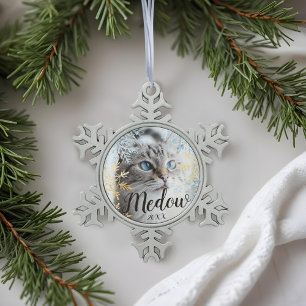 Elegant Blue & Gold Snowflake Customize Pet Photo Pewter Christmas Ornament