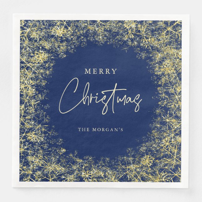 Elegant Blue Gold Snowflakes Christmas  Napkin (Front)