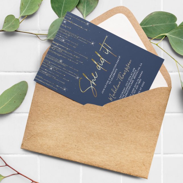 Elegant Blue Gold Sparkling She did it Graduation Invitation (Creator Uploaded)