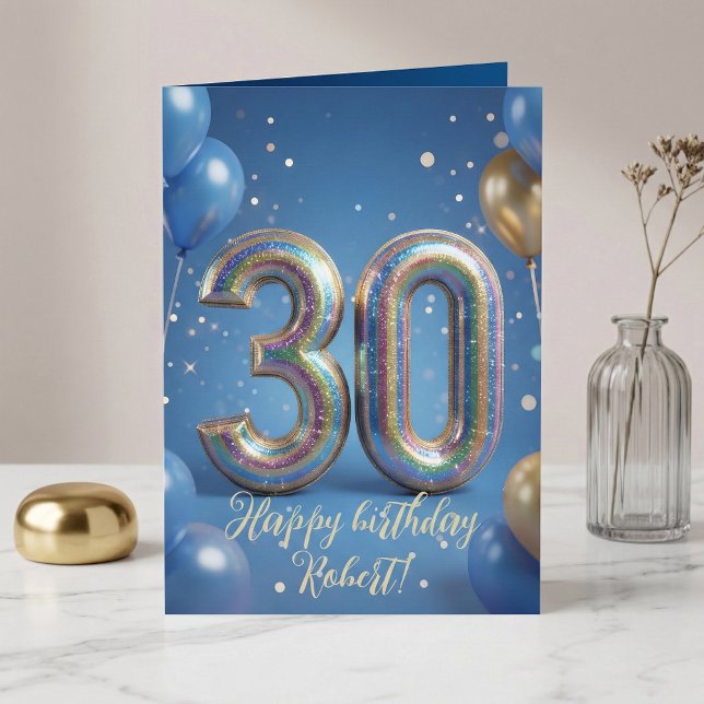 Elegant Blue Gold Sparkly Balloons 30th Birthday Card (Creator Uploaded)