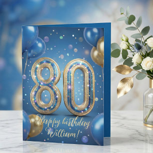 Elegant Blue Gold Sparkly Balloons 80th Birthday Card
