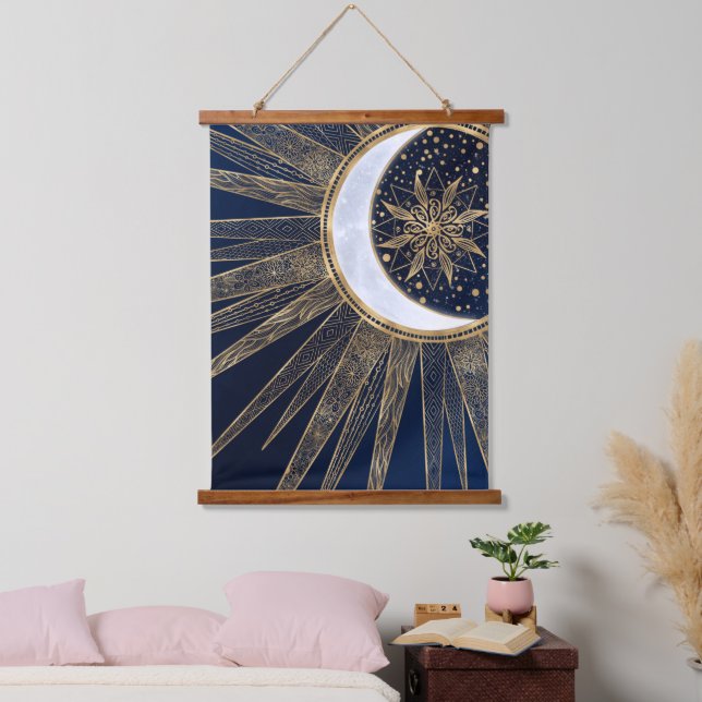 Elegant Blue Gold Sun Moon Mandala Hanging Tapestry (Bedroom)