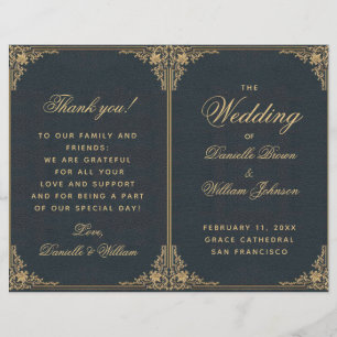Elegant Blue Gold Vintage Folded Wedding Program