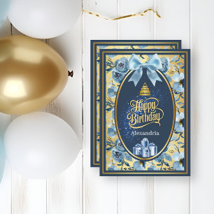 Elegant Blue Gold Watercolor Floral Birthday Card
