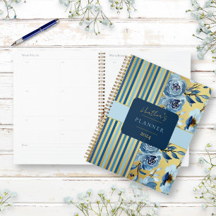 Elegant Blue Gold Watercolor Floral Custom Yearly Planner