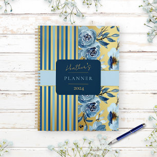 Elegant Blue Gold Watercolor Floral Custom Yearly Planner