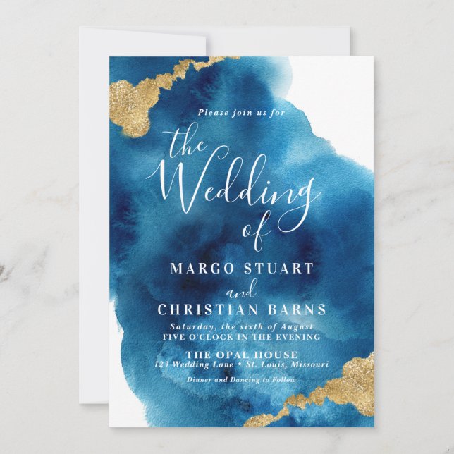 Elegant Blue & Gold Watercolor Wedding Invitation (Front)