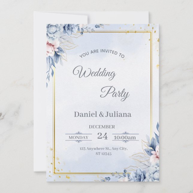 Elegant Blue & Gold Wedding Invitation (Devant)