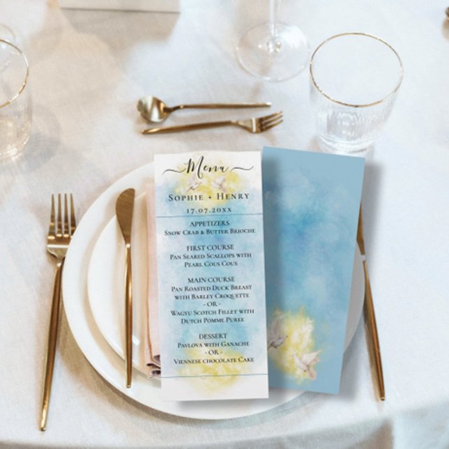 Elegant Blue & Gold Wedding white Doves Menu Card (Creator Uploaded)