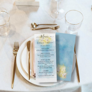 Elegant Blue & Gold Wedding white Doves Menu Card
