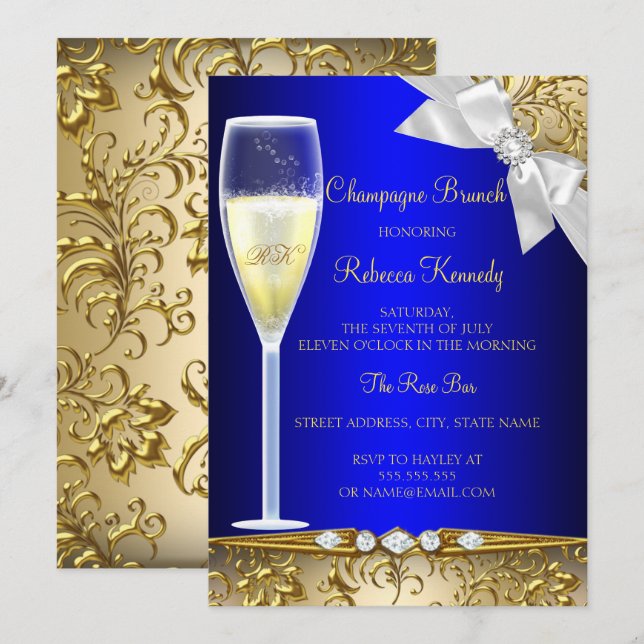 Elegant Blue Gold White Champagne Brunch Invite (Front/Back)