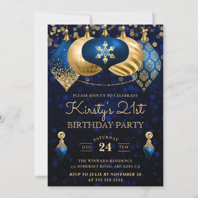 Elegant Blue & Gold Winter Baubles 21st Birthday Invitation (Front)