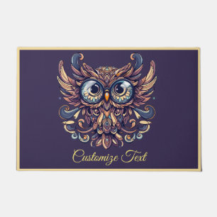 Elegant Blue & Gold Wise Owl Personalized  Doormat
