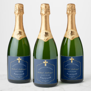 Elegant Blue Golden Cross Boys Baptism  Sparkling Wine Label