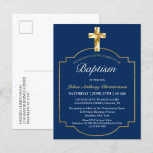 Elégant Blue Golden Cross Garys Baptism Invitation