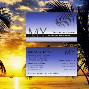 Elegant Blue Gradient and Palm Leaf with Monogram Business Card