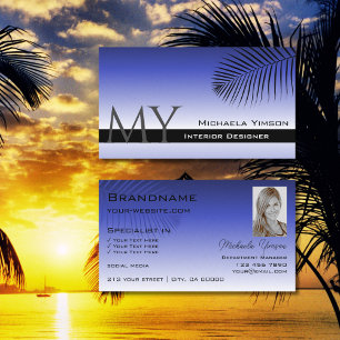 Elegant Blue Gradient Palm Leaf Monogram and Photo Business Card