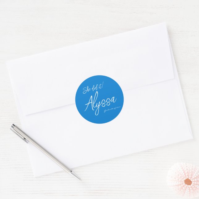 Elegant Blue Graduation Party She Did It Classic Round Sticker (Envelope)