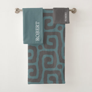 Elegant Blue &Gray Abstract Pattern Custom Name  Bath Towel Set
