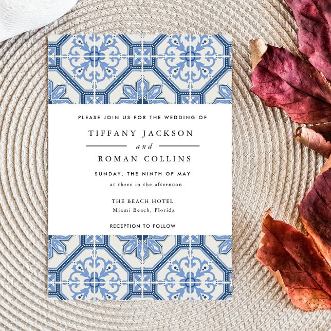 Elegant Blue Greek Tile Wedding Invitation (Creator Uploaded)