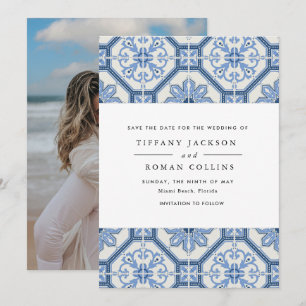 Elegant Blue Greek Tile Wedding Save The Date