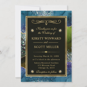 Elegant Blue, Green and Gold Glitter Agate Wedding Invitation