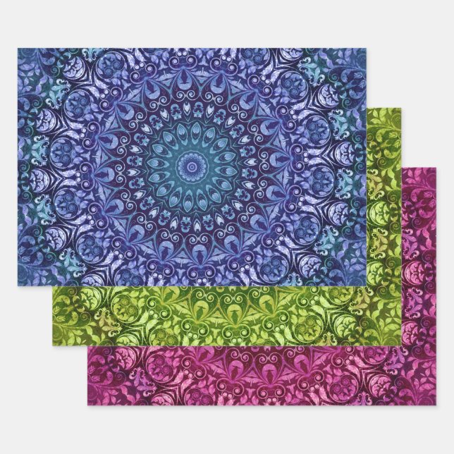 Elegant Blue Green and Purple Floral Damask  Wrapping Paper Sheet (Set)