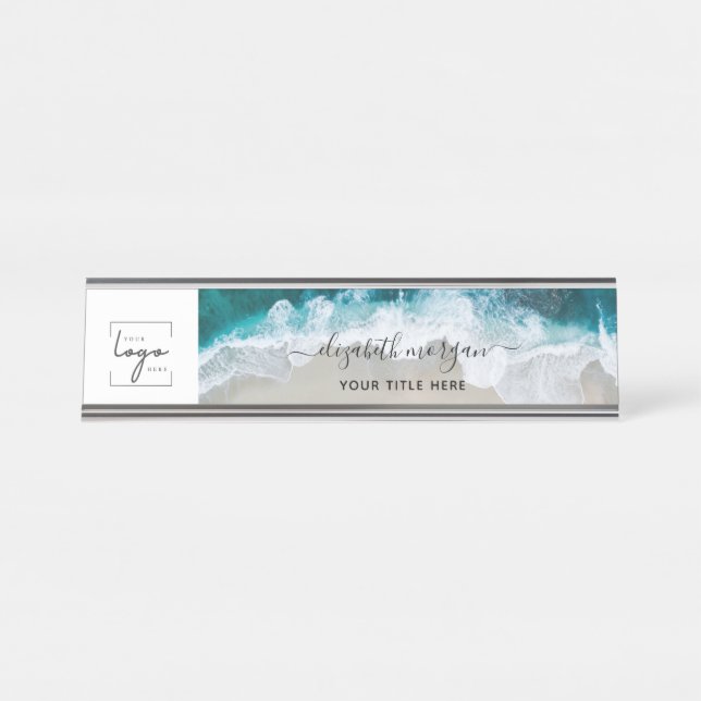 Elegant Blue Green Beach Custom Script Logo Desk Name Plate (Front)