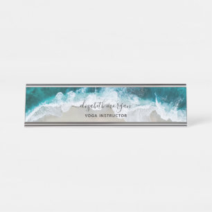 Elegant Blue Green Beach Script Yoga Instructor Desk Name Plate