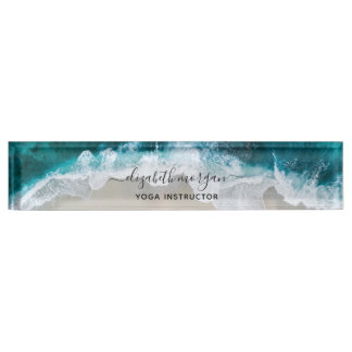 Elegant Blue Green Beach Script Yoga Instructor Nameplate