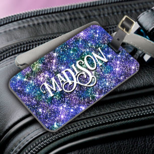 Elegant blue green faux Glitter monogram Luggage T Tag