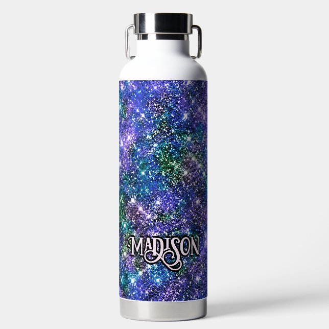 Elegant blue green faux Glitter monogram Water Bottle (Front)