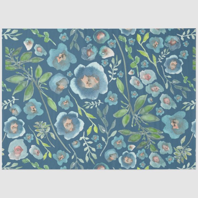 Elegant Blue Green Floral Watercolor Pattern Tissue Paper (Front)