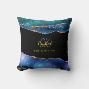Elegant Blue Green Gold Marbled Glitter Monogram  Throw Pillow