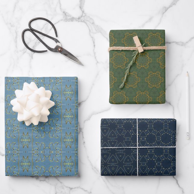  Elegant Blue Green Gold Merry Christmas Wrapping  Paper Sheet (Front)